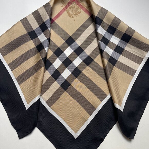 NWT Burberry Scarf Classic Beige Check Pattern Black Border Silk SWrap - Picture 14 of 14